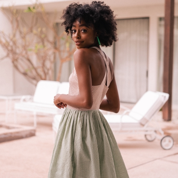 Gal Meets Glam Gingham Colorblock X-Back Pleated Halter Dress - Picture 3 of 11